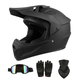 Matte black full-face motorcycle or dirt bike helmet shown with matching accessories including colorful tinted goggles, black riding gloves, and a paisley print neck gaiter.