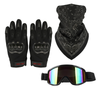 Riding accessory set featuring a pair of black full-finger motorcycle gloves with hard knuckle guards, a black paisley print neck gaiter bandana, and black off-road goggles with iridescent tinted lenses.