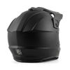 Rear-three-quarter view of a matte black full-face dirt bike helmet, featuring integrated top ventilation, a sun visor peak, and a prominent white DOT safety certification emblem printed at the bottom back center.