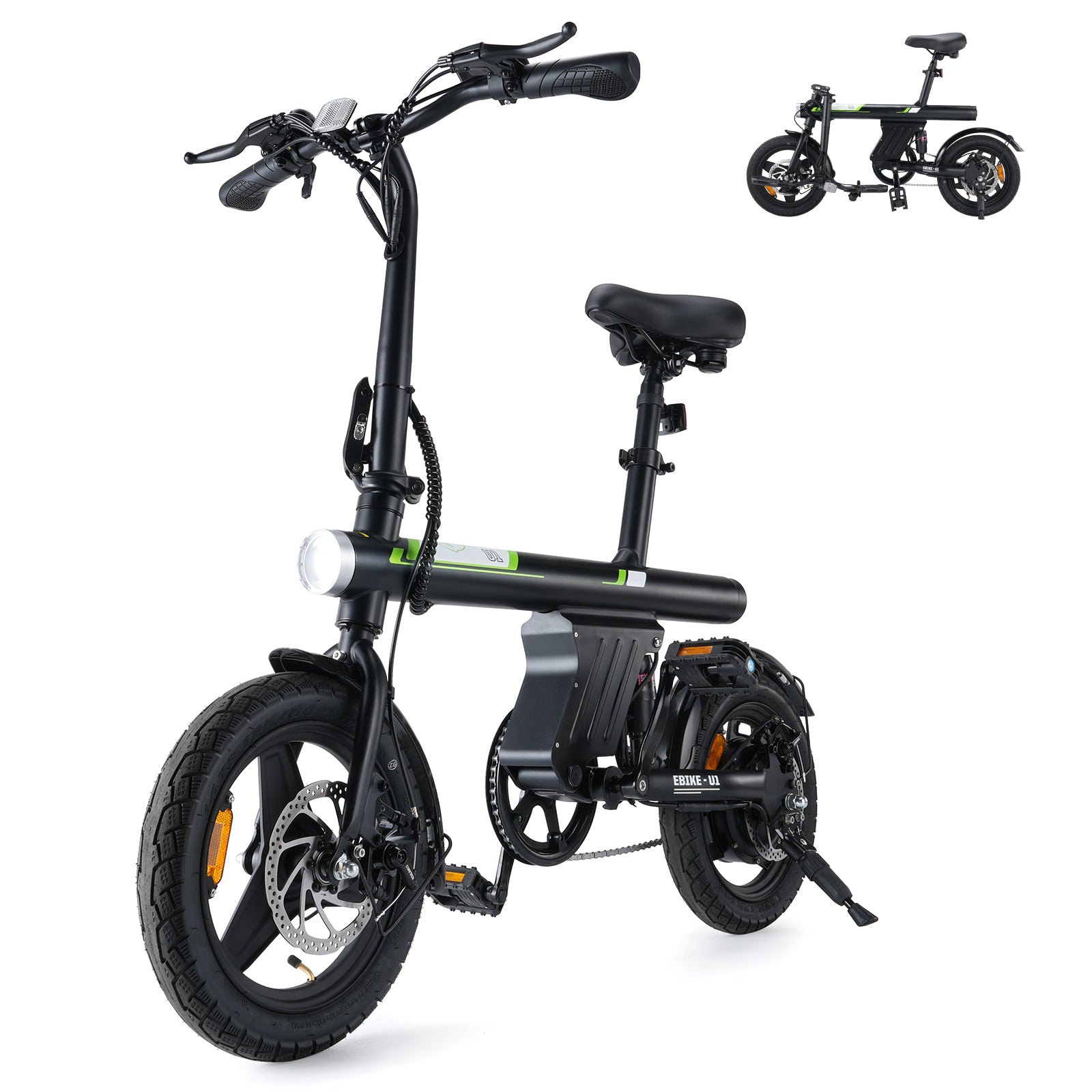Side profile of a black folding electric bike with a step-through frame, compact wheels, rear hub motor, integrated battery, and adjustable seat displayed on a transparent background. The image showcases the bike's left side, highlighting its portable, urban commuter design.