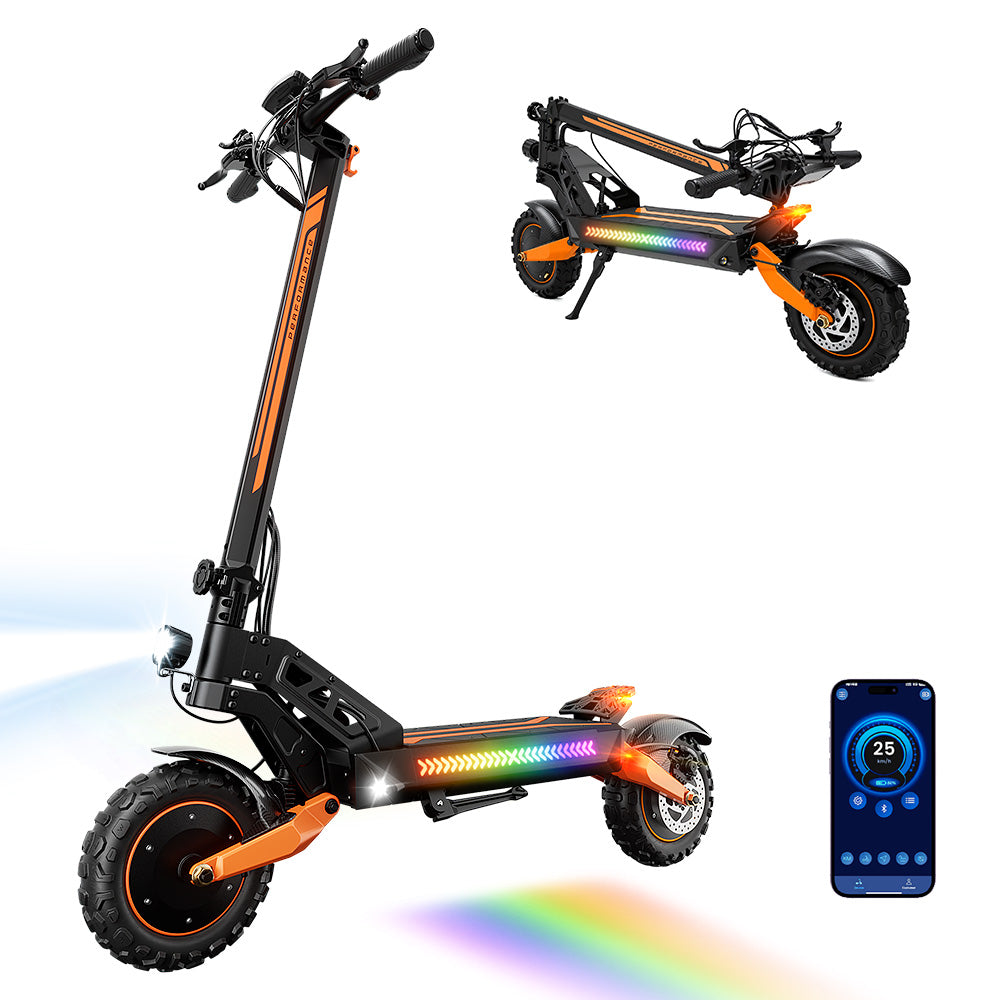 iScooter i9 Max electric scooter with a bright front headlight, rear brake light, foldable design, and a smartphone displaying the companion app interface for monitoring ride data and adjusting scooter settings.