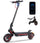 Studio product showcase of a black electric scooter with red trim, its headlight and side LED strip illuminated. Smaller inset graphics display the scooter folded down and a smartphone showing its connected digital dashboard app.
