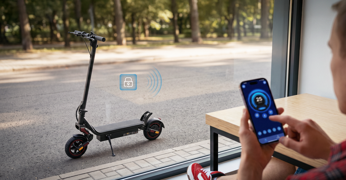 A person holding a smartphone controlling a parked electric scooter via a mobile app near a window.