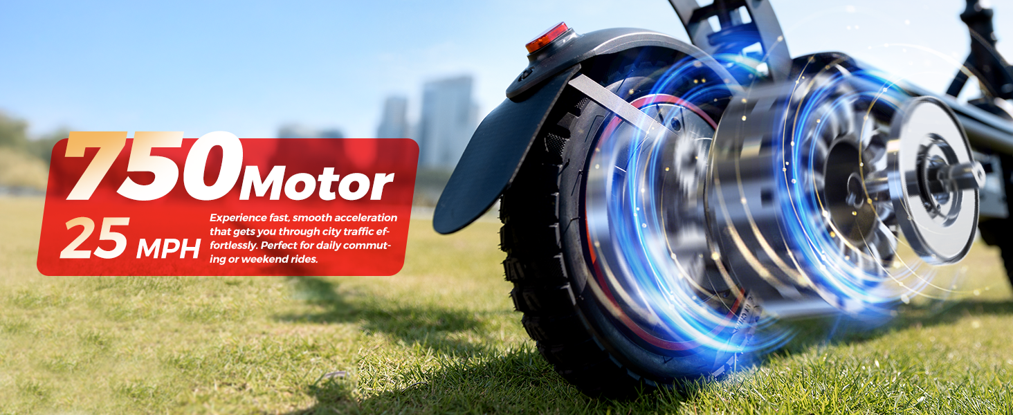 Wide product banner for the W8 electric scooter showing a glowing blue internal schematic of its 750W rear hub motor next to a red badge reading 