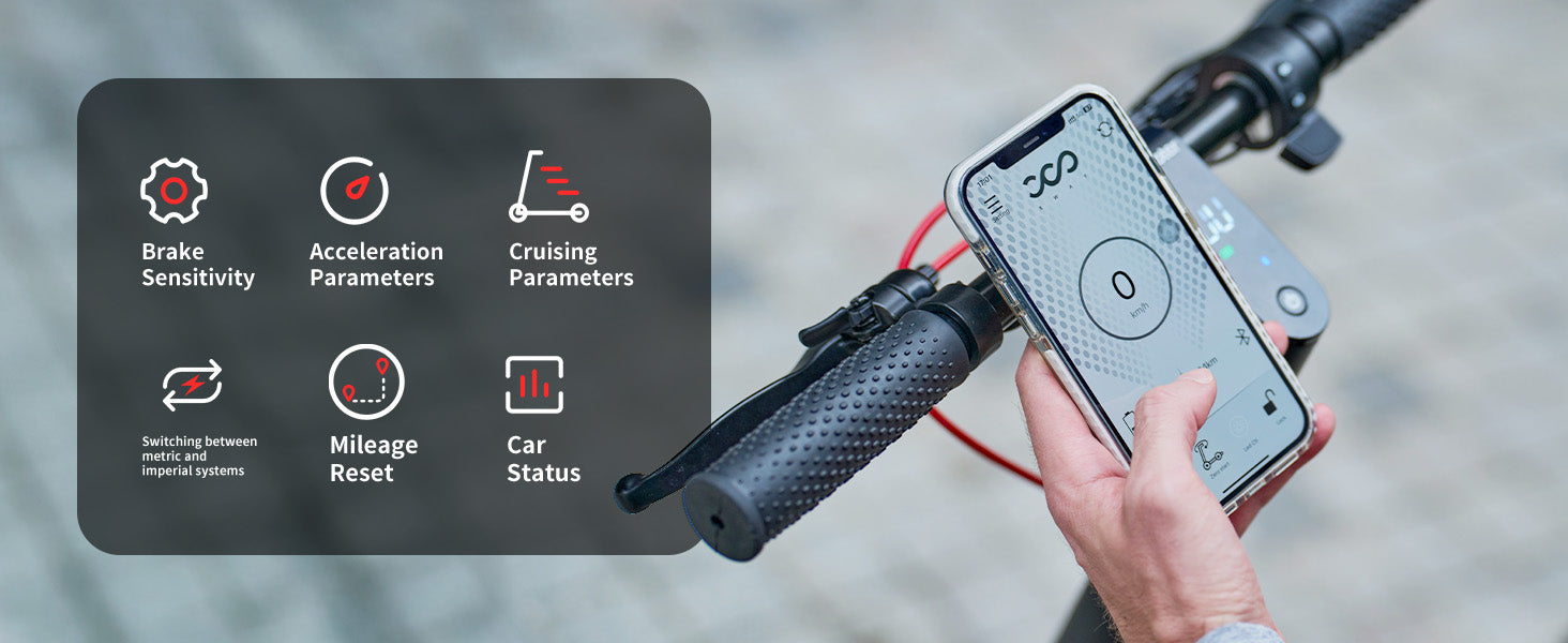 Wide product banner for the W8 electric scooter showing a close-up of a rider holding a smartphone with the digital dashboard app next to the handlebars and an icon menu on the left.