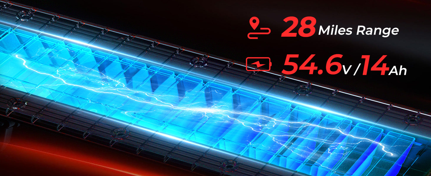 Wide product banner for the W8 electric scooter showcasing an illuminated blue x-ray view of its deck battery cells alongside text overlays reading 