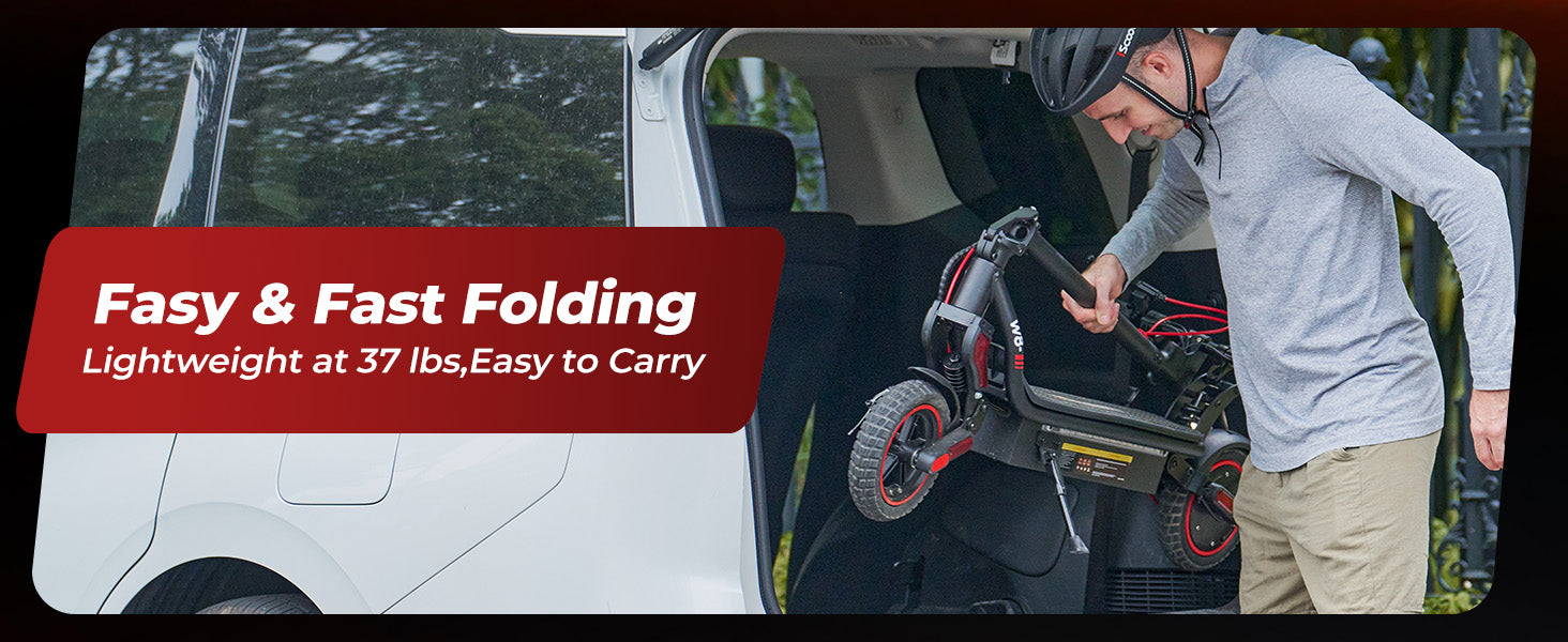 Wide banner graphic showing a man wearing a helmet as he loads a folded electric scooter into the back of a white SUV. A prominent red banner on the left reads, 