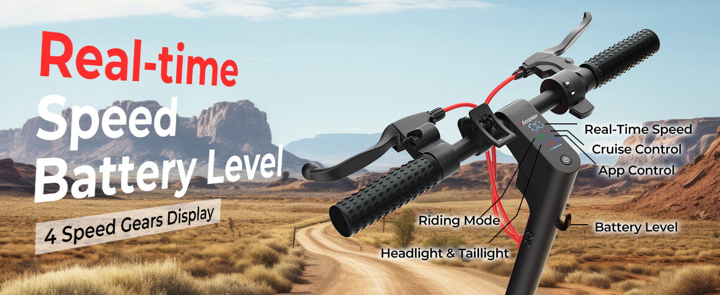Wide banner graphic showing a close-up of the W8 electric scooter's handlebars and central digital display against a desert landscape background. Text labels point to key features including Real-Time Speed, Cruise Control, App Control, Riding Mode, Battery Level, and Headlight & Taillight.