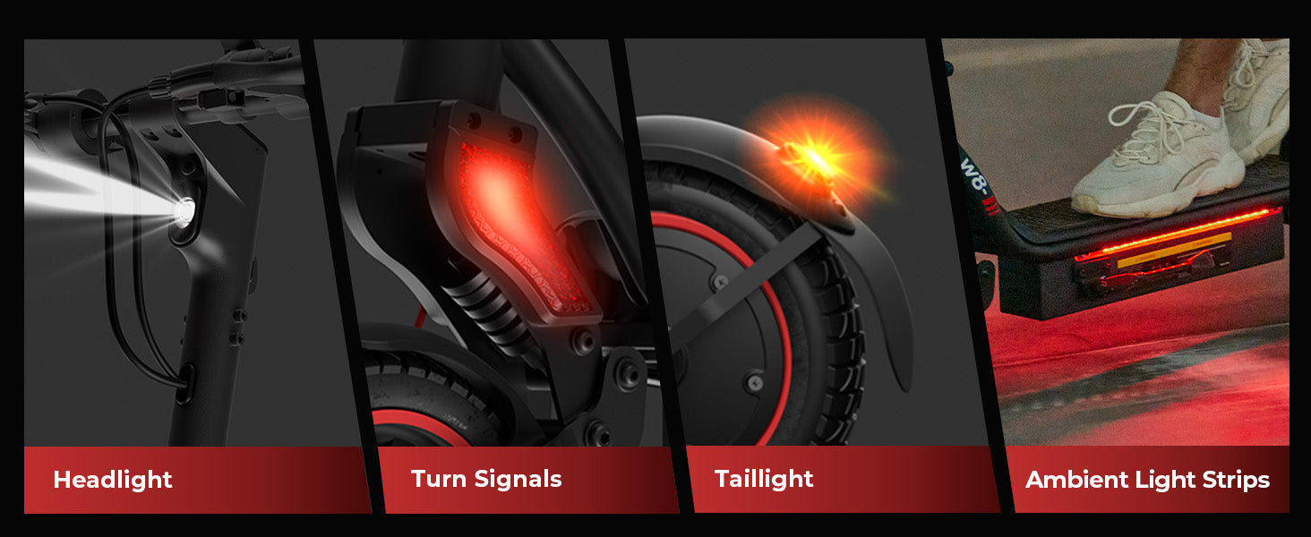 A horizontal four-panel banner showcasing the safety lighting system of the W8 electric scooter, featuring the headlight, turn signals, taillight, and under-deck ambient light strips.