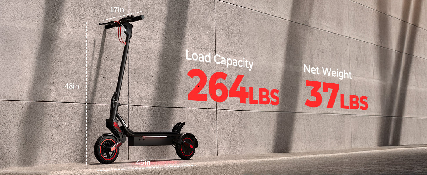 A wide banner graphic showing a black electric scooter parked against a concrete wall. Fine dimension lines indicate its physical measurements, while bold red text highlights a 
