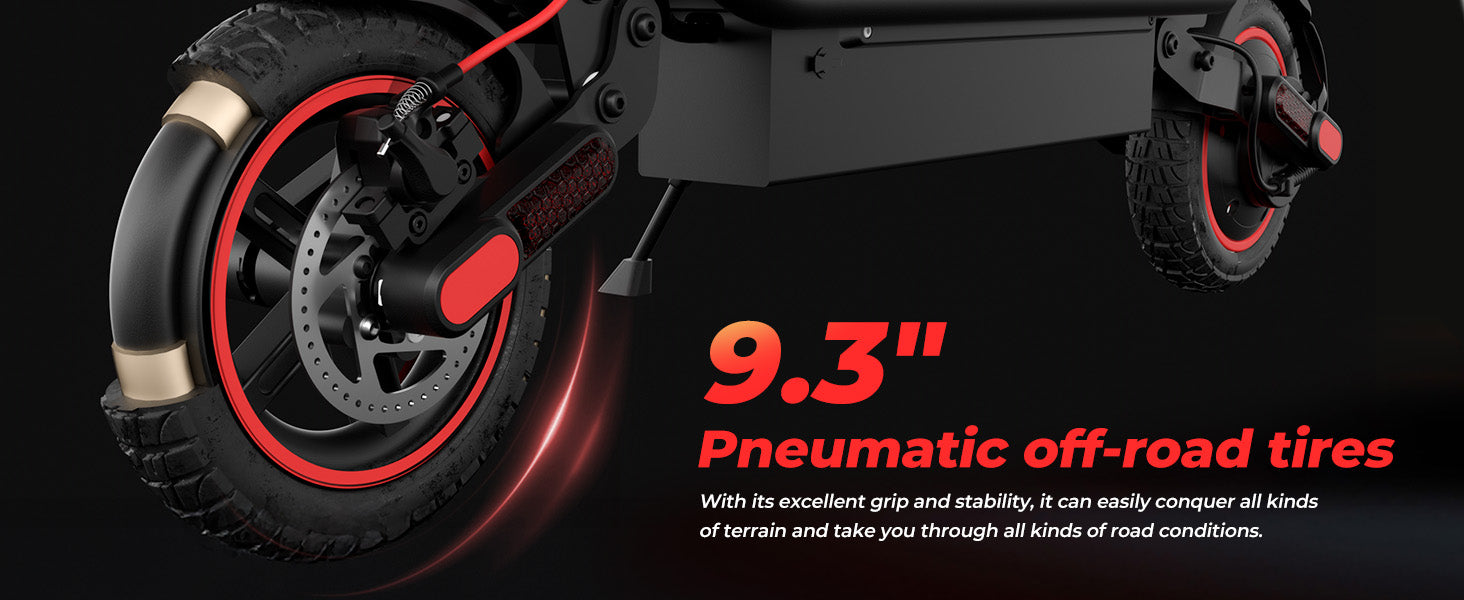 Wide product banner for the W8 electric scooter showcasing its front wheel next to a red graphic text overlay that reads 