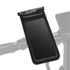 Waterproof black iScooter phone mount pouch with a clear touch-screen window, attached to electric scooter handlebars.