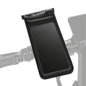 Waterproof black iScooter phone mount pouch with a clear touch-screen window, attached to electric scooter handlebars.