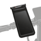 Waterproof black iScooter phone mount pouch with a clear touch-screen window, attached to electric scooter handlebars.