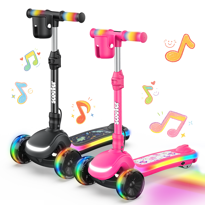 Image features the iScooter B2 Pro kids' electric scooter, highlighting both the black and pink color options, the three-wheel design, and the vibrant LED lights on the wheels, handlebars, and deck, presented against a clean background suitable for e-commerce.