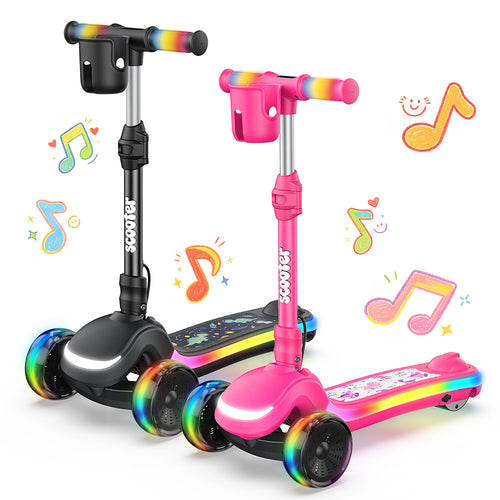 Two three-wheel children's scooters in black and pink with colorful LED lights on the wheels, handlebars, and deck. Musical note icons surround the scooters, highlighting their built-in sound features and playful design.