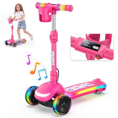 Promotional image of a pink three-wheel children's electric scooter with colorful LED lights on the wheels, handlebars, and deck. The image highlights the scooter's digital display, music features, and adjustable handlebar, alongside an inset showing a child riding the scooter.