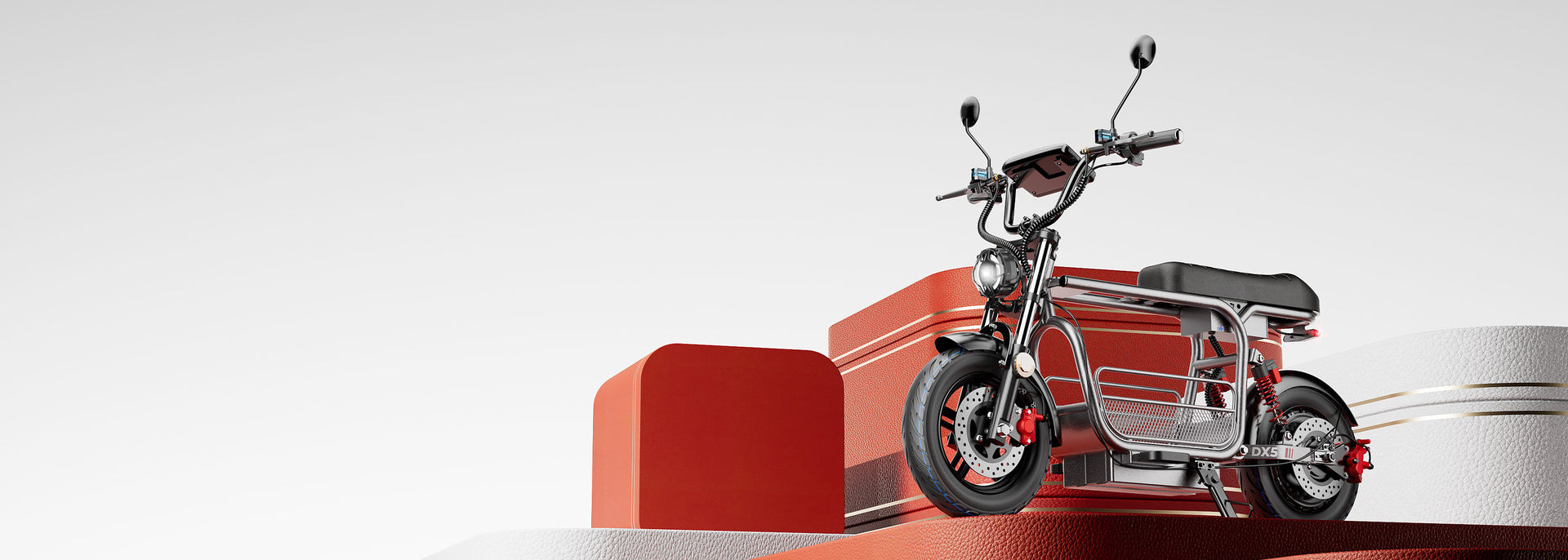 This digital interface shows a promotional image of an iScooter DX5 electric scooter displayed on red, textured pedestals.