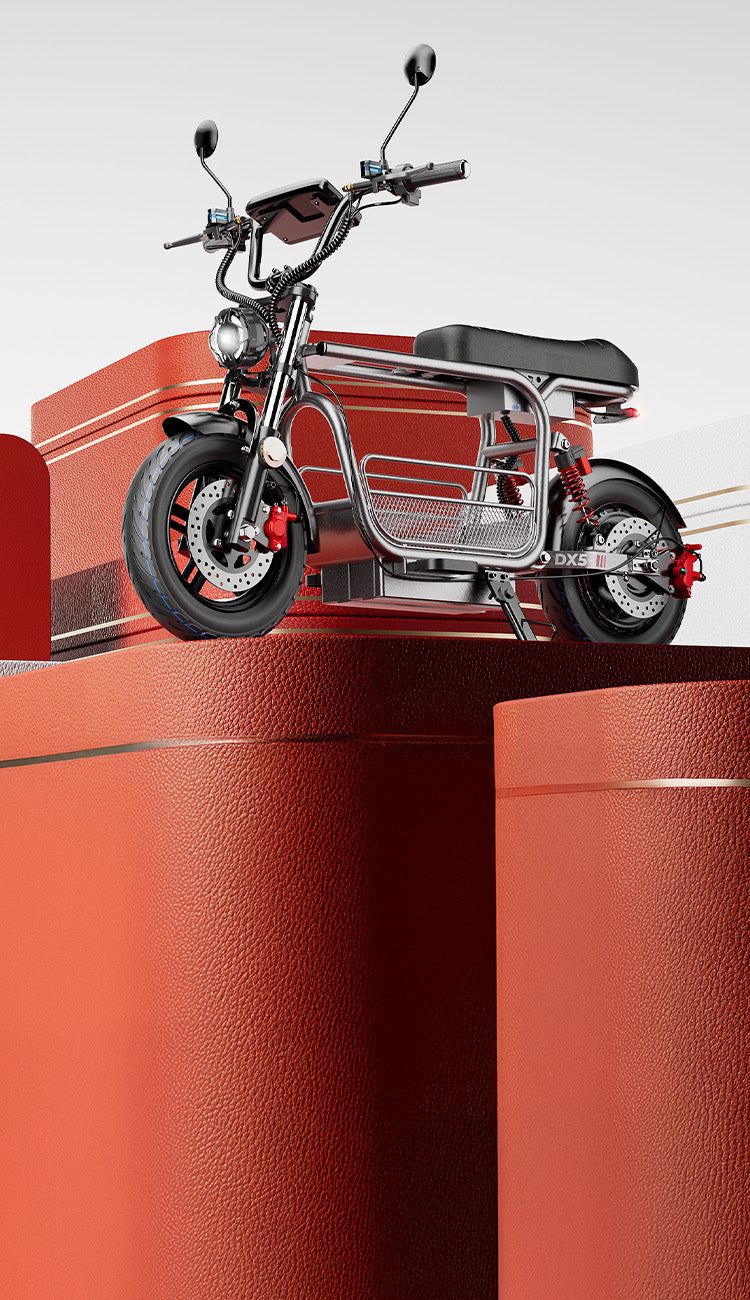 This digital interface displays a product image of an iScooter DX5 electric scooter showcased on top of a red, textured pedestal.