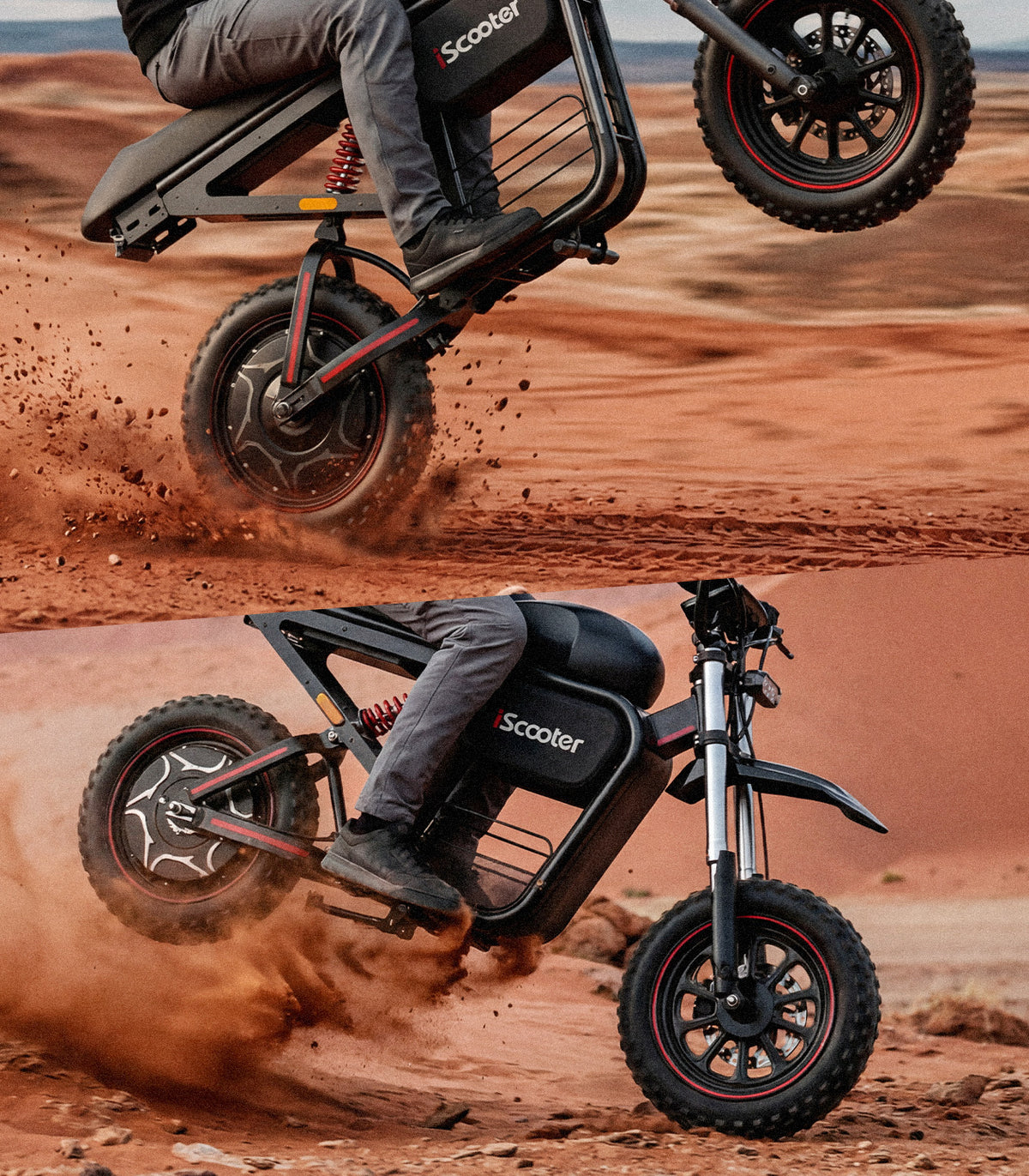 Split-view action image of the iScooter DX5 Max electric bike showcasing its suspension system in off-road conditions. The top image highlights the rear suspension absorbing impact while riding over rough sand, while the bottom image shows the bike maintaining stability across uneven desert terrain. Dust and debris kicked up by the tires emphasize the DX5 Max’s shock absorption, comfort, and rugged all-terrain performance.