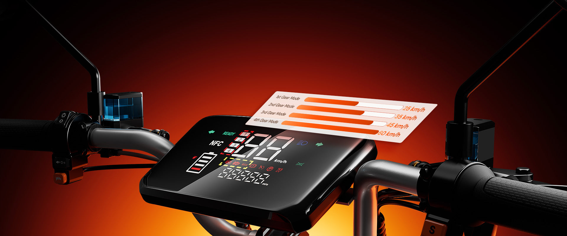The DX5 Pro electric scooter's digital LCD display shows various riding modes, speeds, and battery information against an orange background.