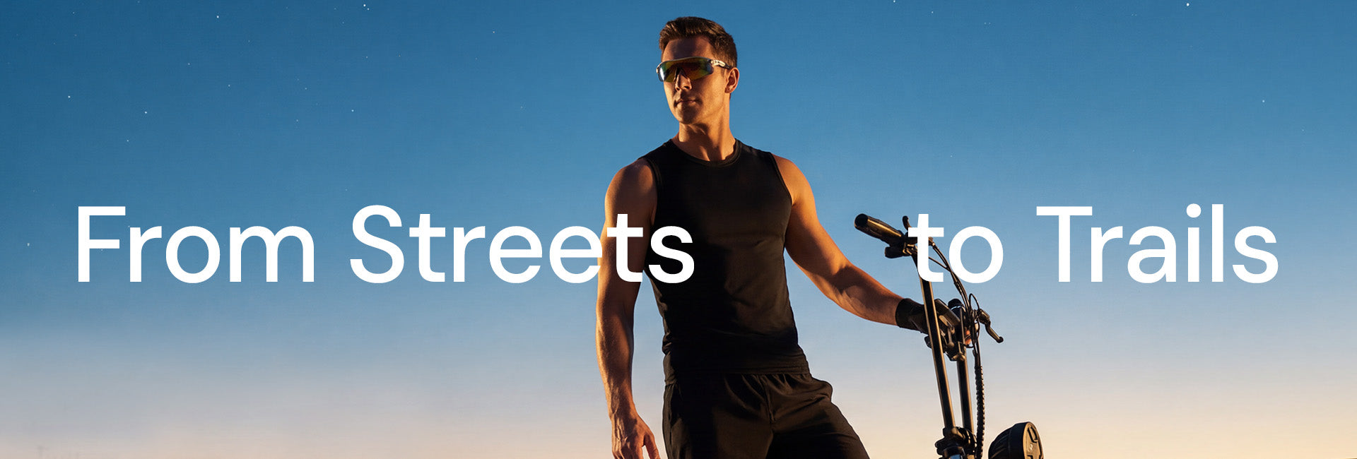 Man standing with F7 Ultra electric scooter at sunset with text “From Streets to Trails” highlighting urban and off-road versatility