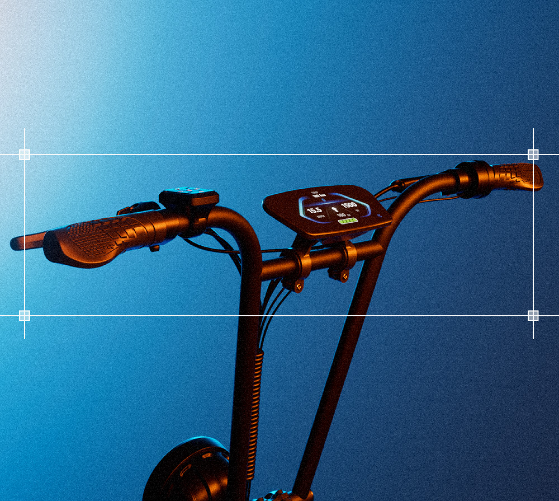 This close-up shot focuses on the handlebars and digital display console of the F7ULTRA electric scooter, set against a moody, blue-lit background.