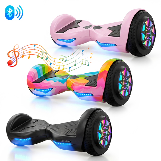 Three self-balancing hoverboards in pink, multi-color tie-dye, and black with illuminated LED wheels.