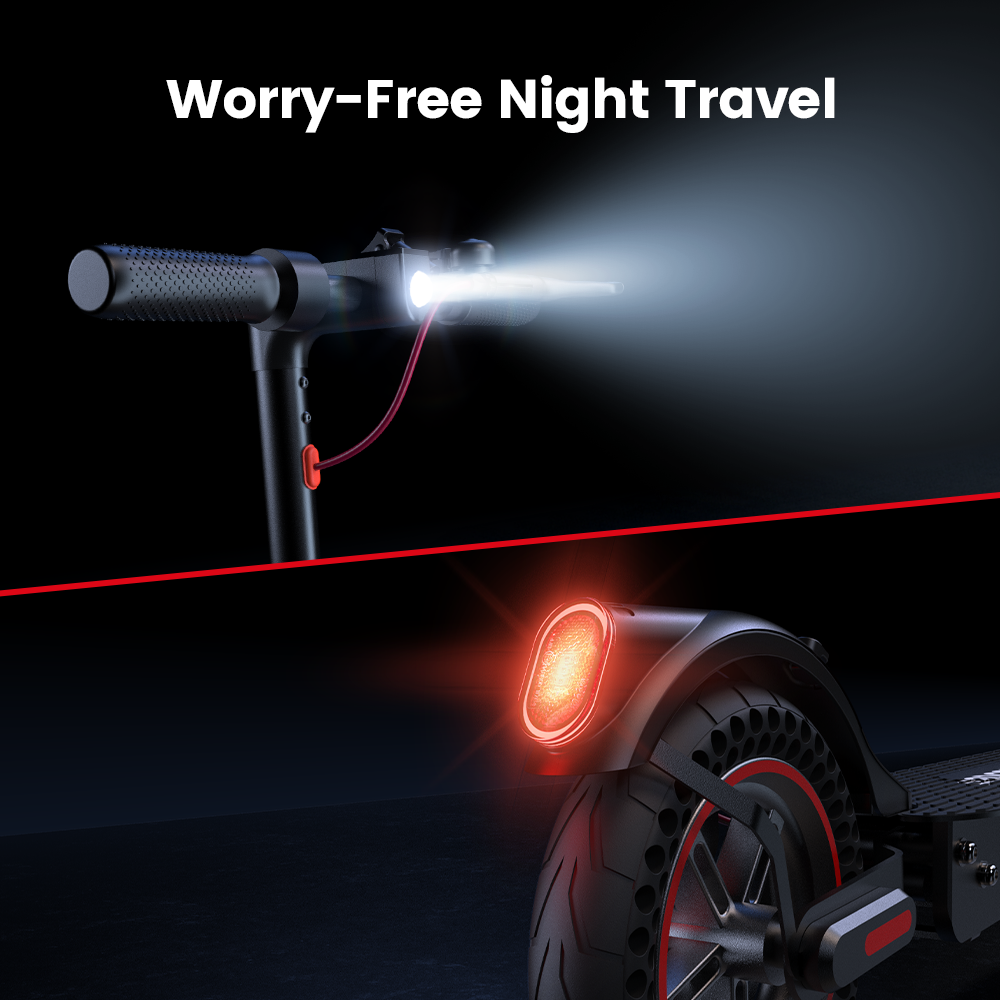 Studio product showcase of a black electric scooter with red trim, its headlight and side LED strip illuminated. Smaller inset graphics display the scooter folded down and a smartphone showing its connected digital dashboard app.