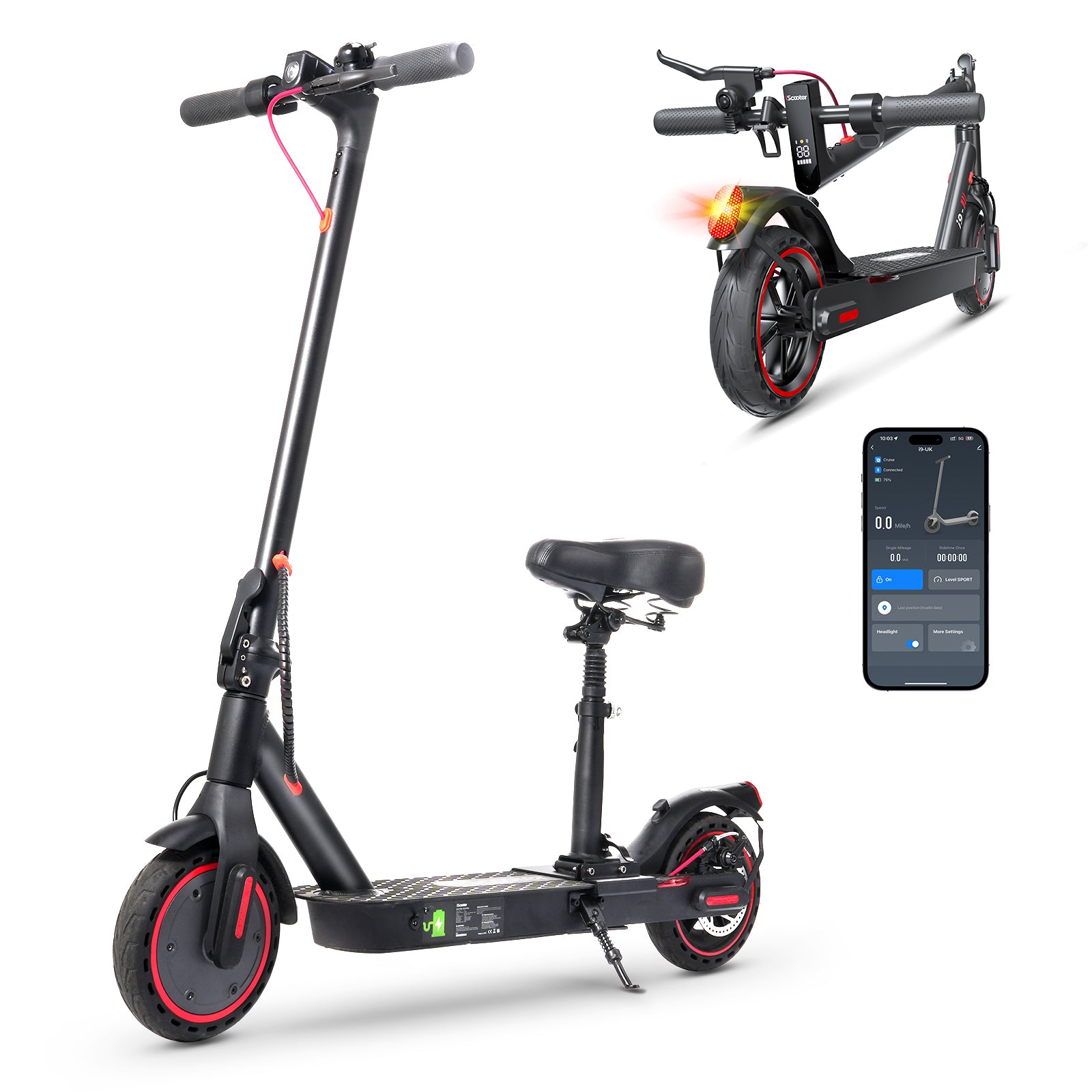 iScooter i9 Max electric scooter with a bright front headlight, rear brake light, foldable design, and a smartphone displaying the companion app interface for monitoring ride data and adjusting scooter settings.