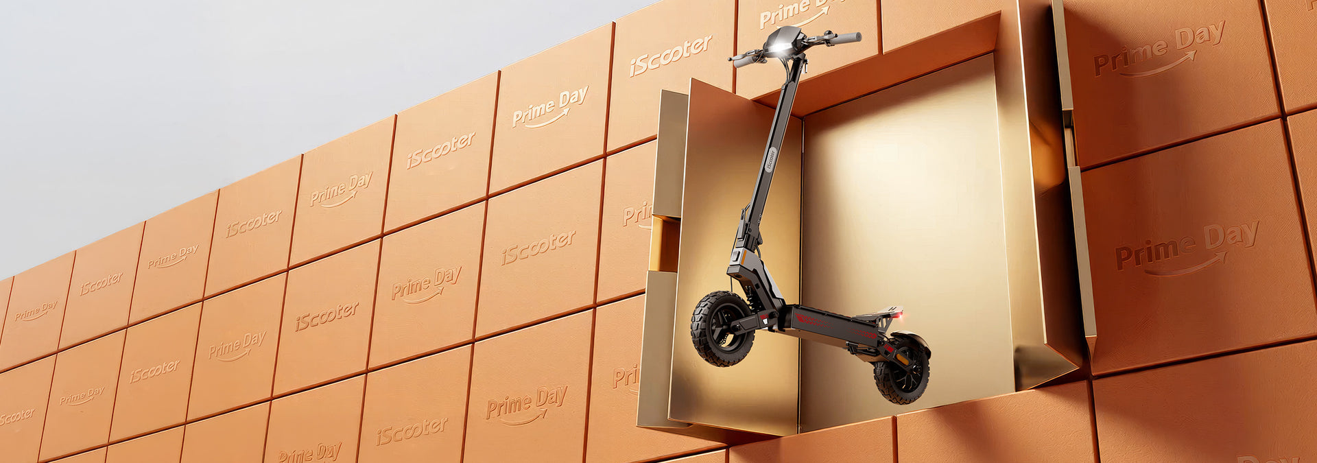 A widescreen Prime Day promotional banner showing a grey electric scooter emerging from an open golden locker built into a long wall of stacked orange iScooter boxes.