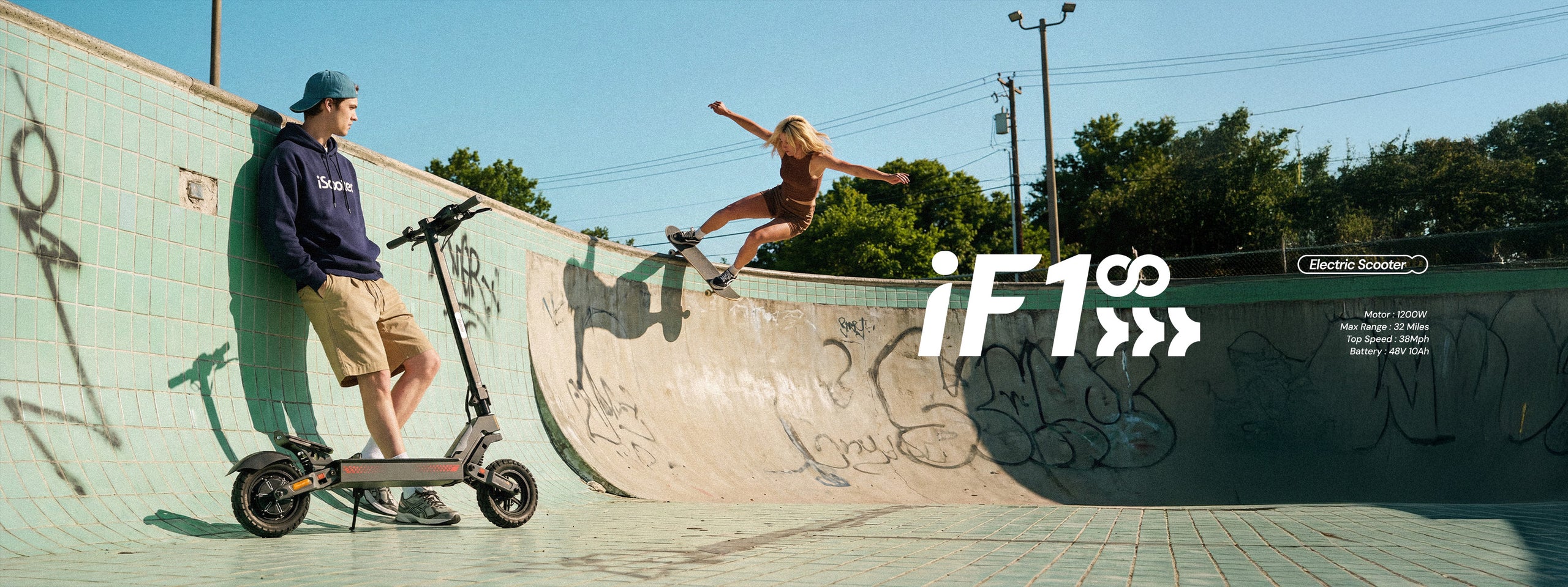 Wide promotional banner for the iF1 electric scooter at a skatepark. A rider stands beside the scooter while a skateboarder performs a trick on the bowl wall. The scene features the iF1 branding, outdoor urban setting, and a bright, active lifestyle atmosphere.