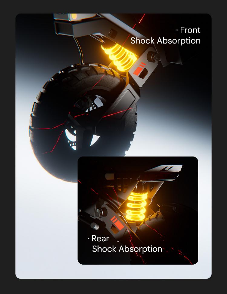 A mobile-optimized promotional graphic showcasing an electric scooter's dual suspension system. The main image features the front wheel with a bright yellow coil spring labeled 