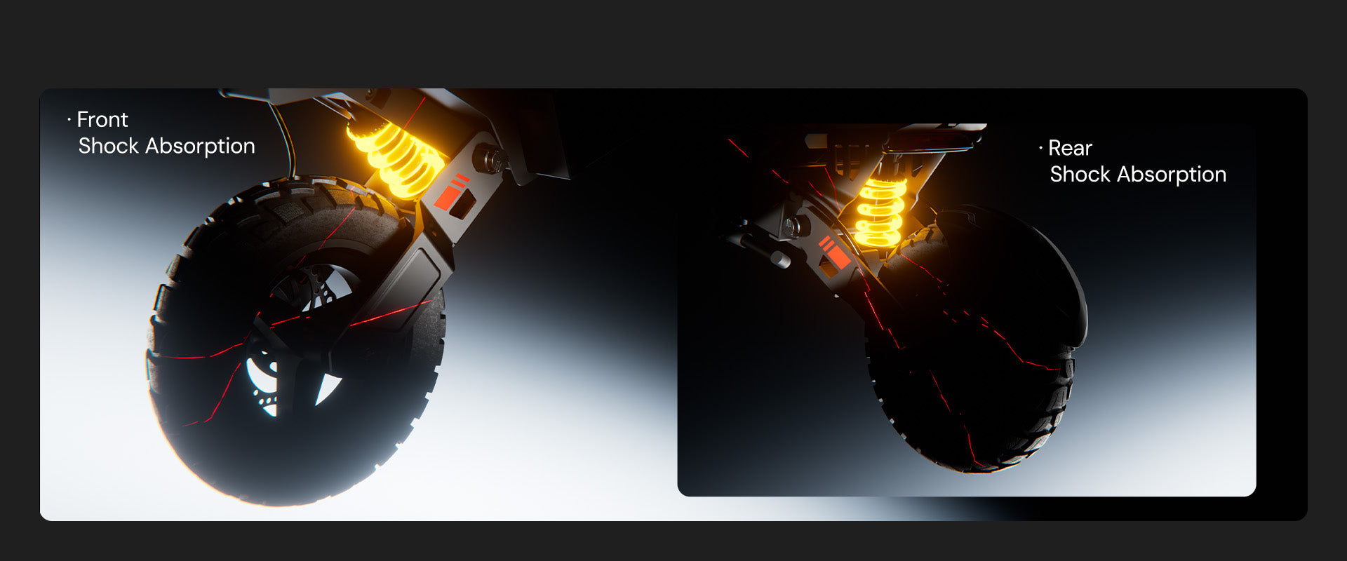 A close-up promotional image highlighting the dual suspension system of an electric scooter. The image shows the front and rear wheels equipped with illuminated coil shock absorbers, labeled 
