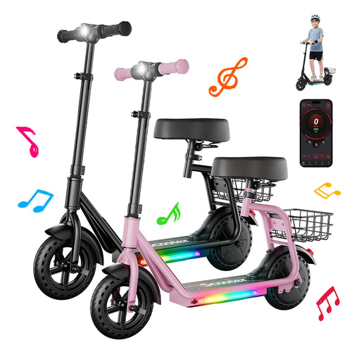 Collection of kids' electric scooters in black and pink, including stand-up and seated ride-on models with colorful LED light-up decks. Musical note icons, a child riding the scooter, and a smartphone app interface highlight Bluetooth music playback, app connectivity, and a fun, child-friendly riding experience.