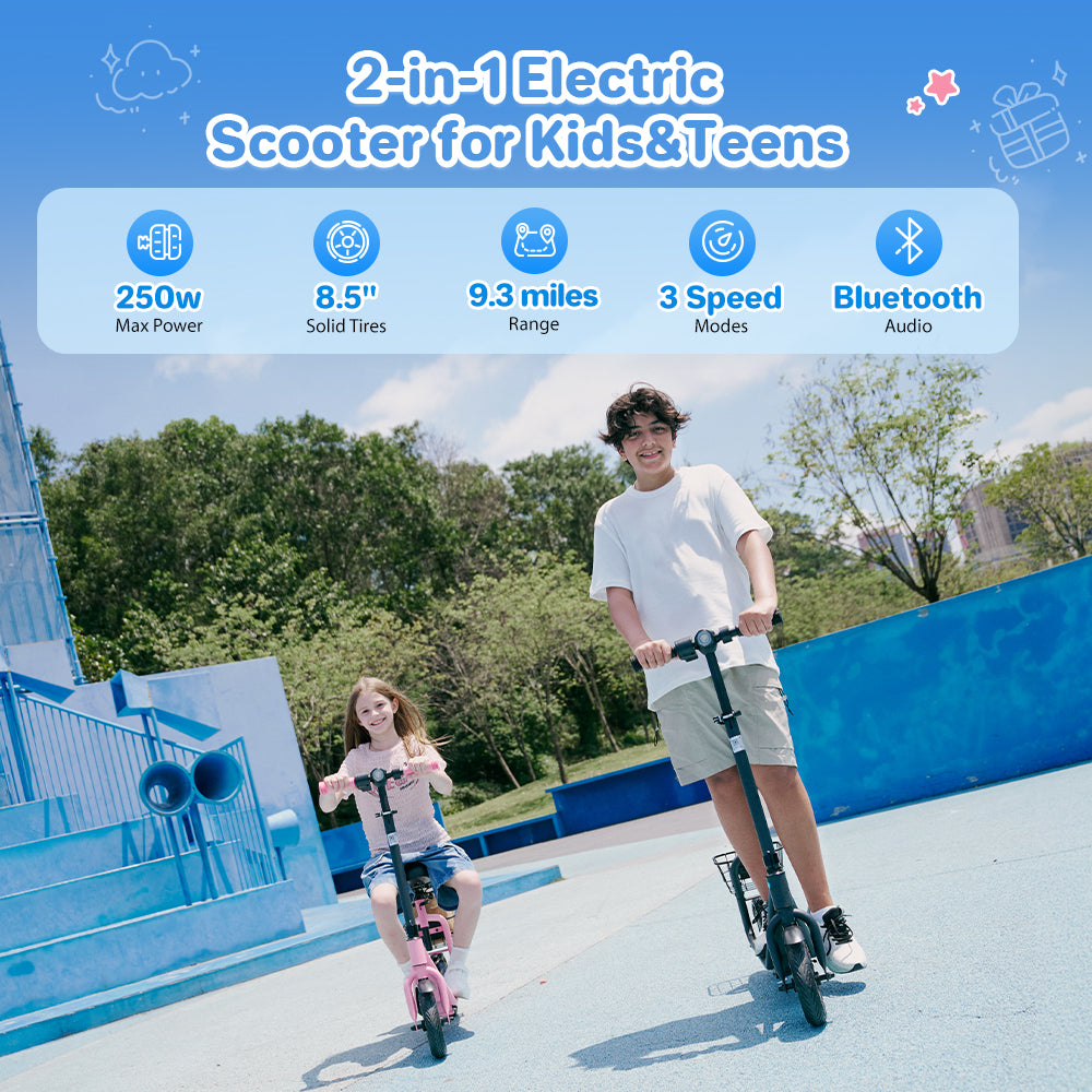 Comparison graphic showing 8.5-inch airless solid tires versus a 6-inch pneumatic tire for a kids' electric scooter. Highlights the airless tire's durable, wear-resistant construction and strong passability for riding on parks, playgrounds, and school paths, while noting the pneumatic tire's poorer shock absorption.