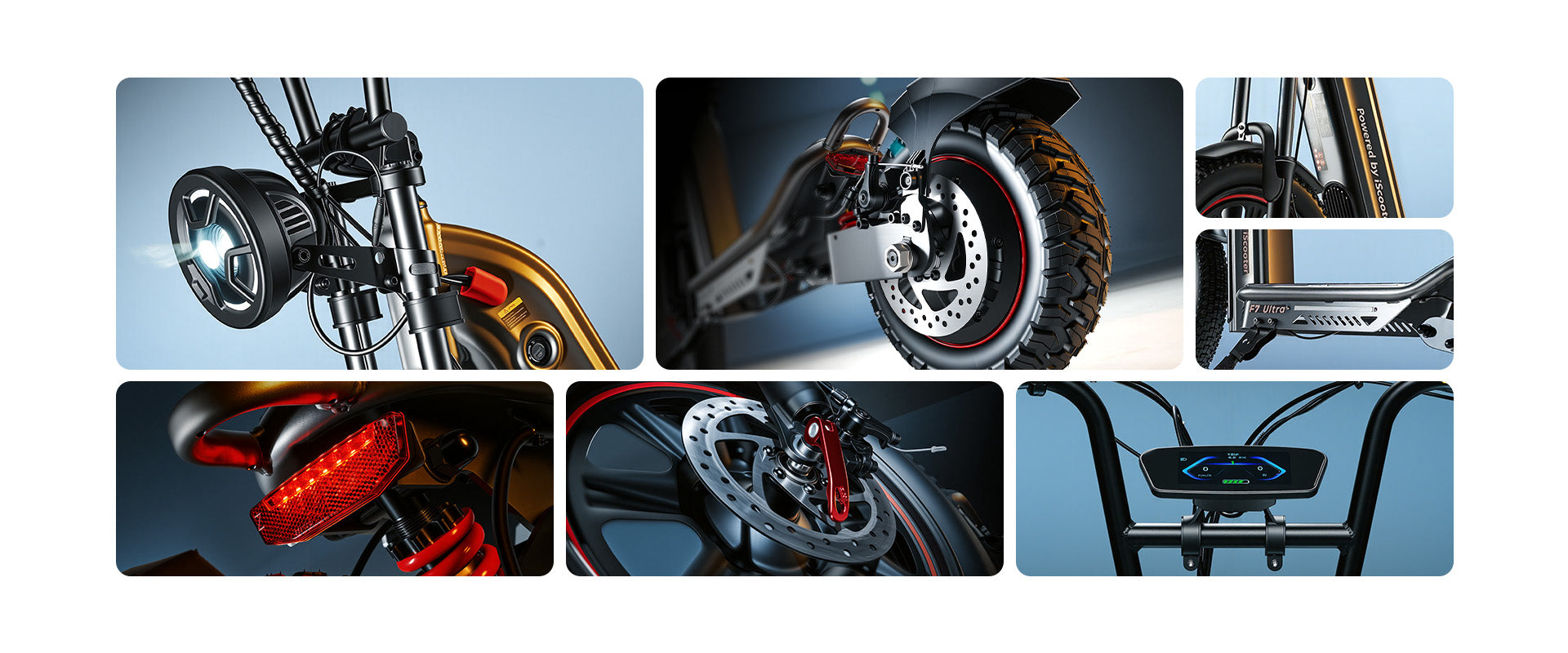 Collage of the iScooter F7 Ultra all-terrain electric scooter showcasing key components including headlight, suspension, disc brakes, rugged tires, rear light, and digital display.