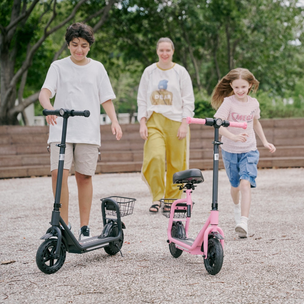 Children enjoying electric scooters in a park while an adult walks behind them, showcasing safe outdoor family riding and kid-friendly scooter design.