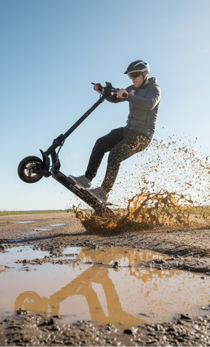 Person riding an electric scooter through a muddy puddle on a sunny day.