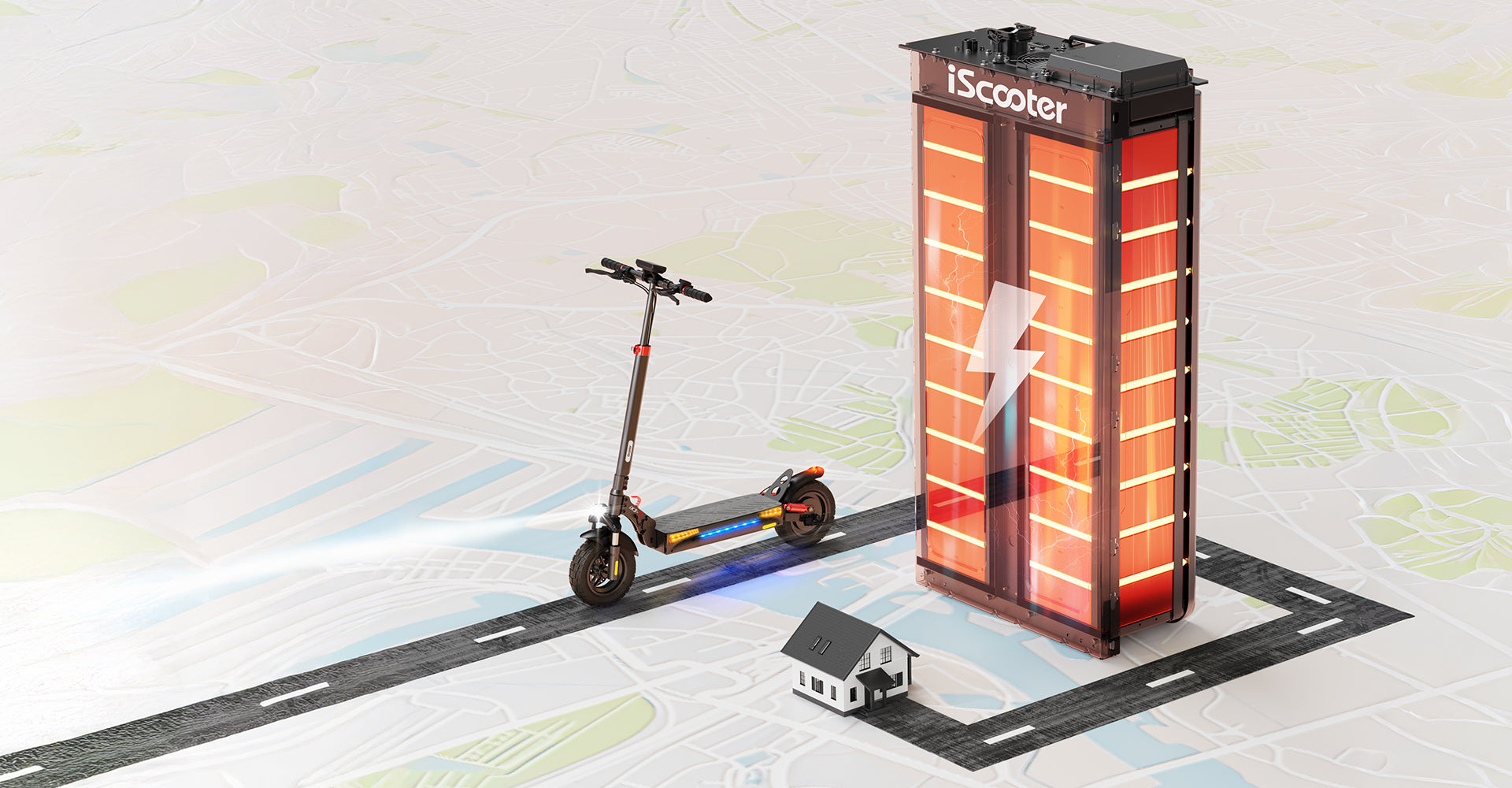Illustration of the iScooter iX3 battery system showing extended range and efficient power management, with an electric scooter connected to a large illuminated battery icon on a map background to represent long-distance commuting capability.