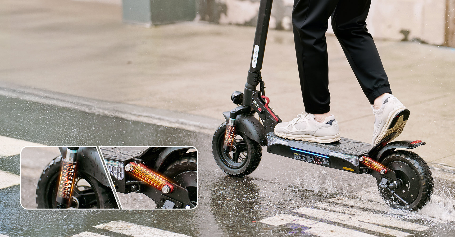 Rider using an electric scooter on a wet city street, showcasing the dual suspension system absorbing bumps and improving stability. Close-up inset images highlight the front and rear suspension components for enhanced comfort and control on uneven terrain.