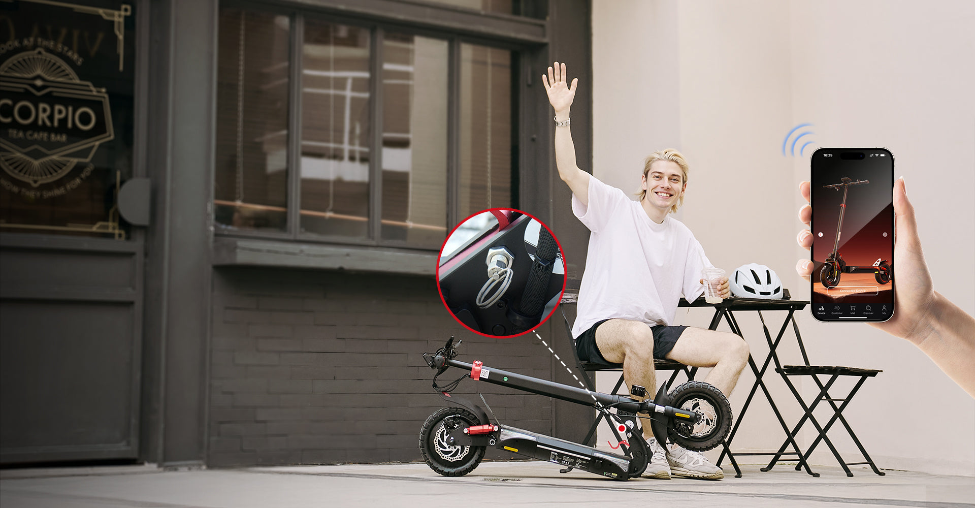 Person relaxing beside a parked electric scooter while using the iScooter mobile app on a smartphone, demonstrating Bluetooth connectivity, remote controls, ride data tracking, and smart scooter management features.