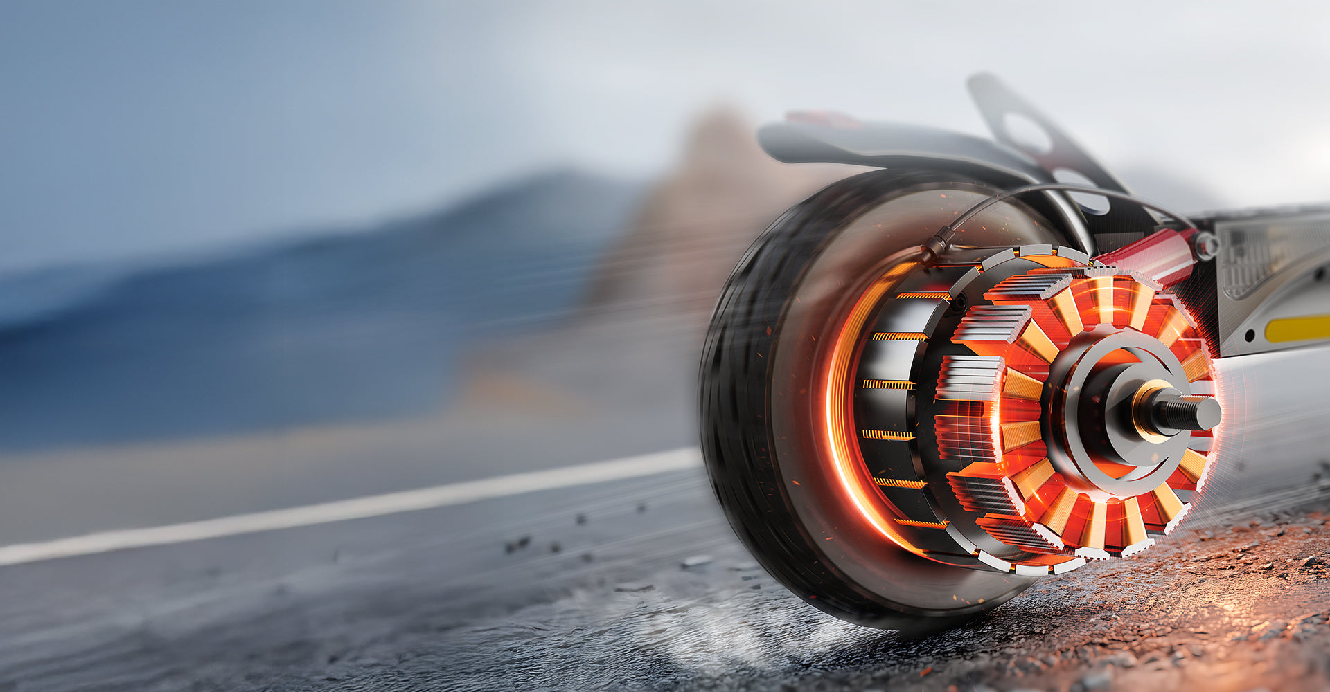 Wide-format illustration of the iScooter iX3 rear hub motor with exposed glowing internal components, showcasing powerful 800W performance, efficient energy transfer, and advanced electric scooter propulsion technology on an open road backdrop.
