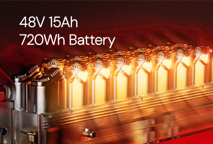 Electric scooter battery pack with illuminated cells and text displaying 48V 15Ah, 720Wh battery capacity.