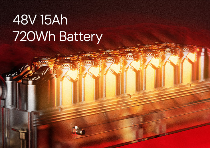 48V 15Ah 720Wh lithium battery pack for electric scooter, showing high-capacity battery cells and long-range power performance.