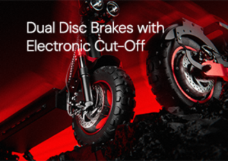Electric scooter dual disc brake system with electronic cut-off, showcasing front and rear disc brakes for improved stopping power, control, and rider safety.