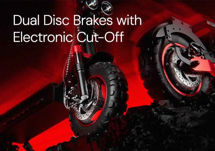Electric scooter with dual disc brakes and electronic cut-off braking system displayed on rugged terrain.