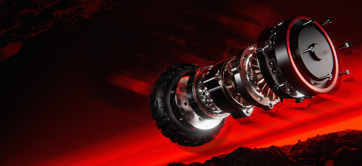 3D exploded view diagram of the iX5S electric scooter hub motor and tire with red backlighting.