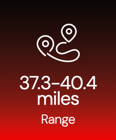 Electric scooter range specification graphic displaying 37.3-40.4 miles per charge with route and location pin icon on a red gradient background.