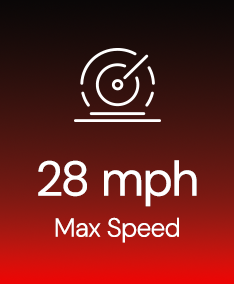 Electric scooter max speed graphic showing 28 mph top speed with speedometer icon on a red gradient background.